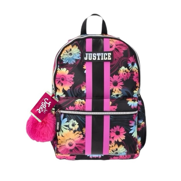 Justice 17” Floral Laptop Backpack With Pom Pom Dangle And Key Ring - Picture 6 of 6